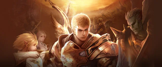 Hotfix banner: golden armoured Lineage 2 warriors charging into battle