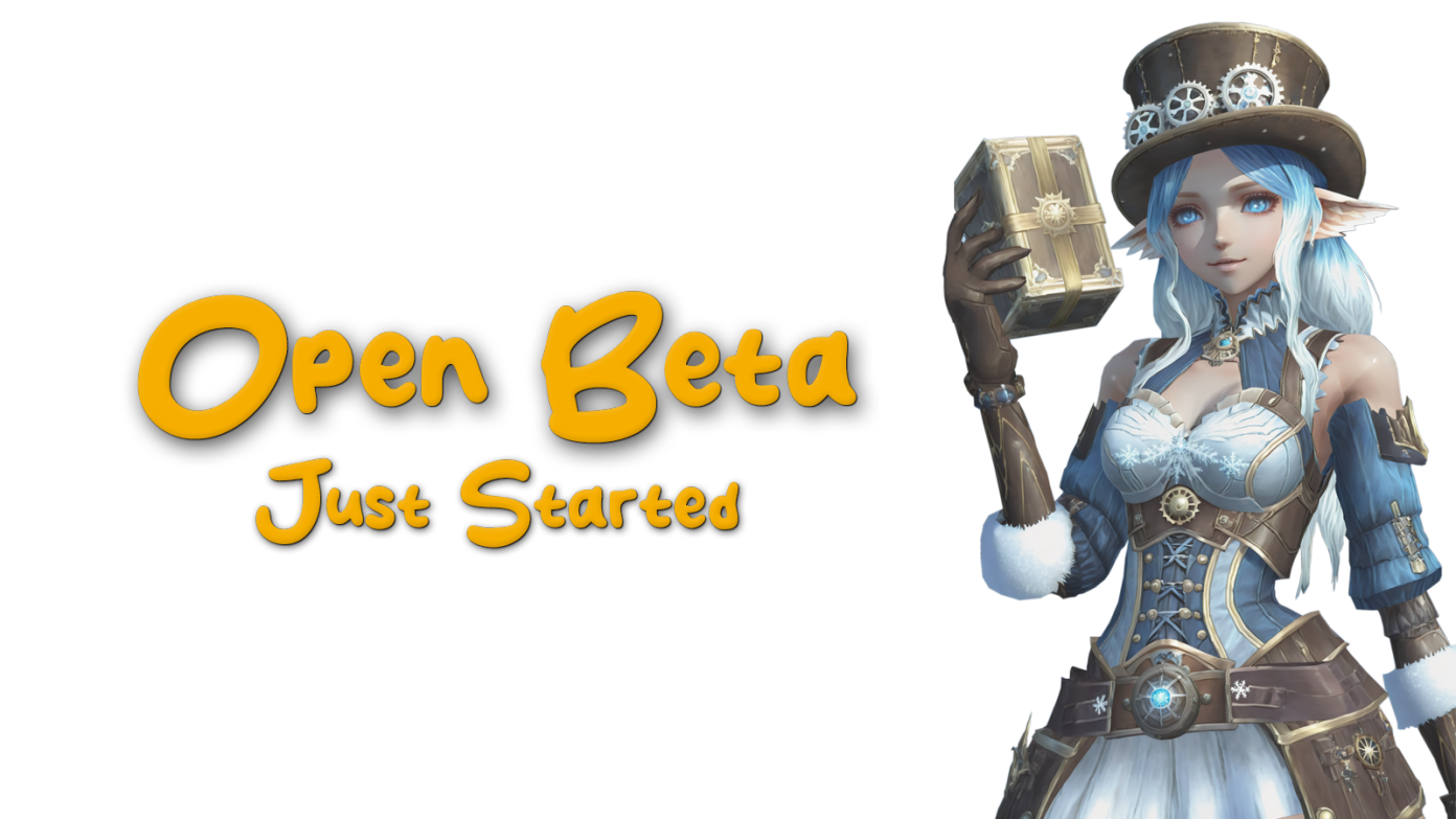 Open Beta Just Started banner with an elf in a steampunk top hat holding a lantern