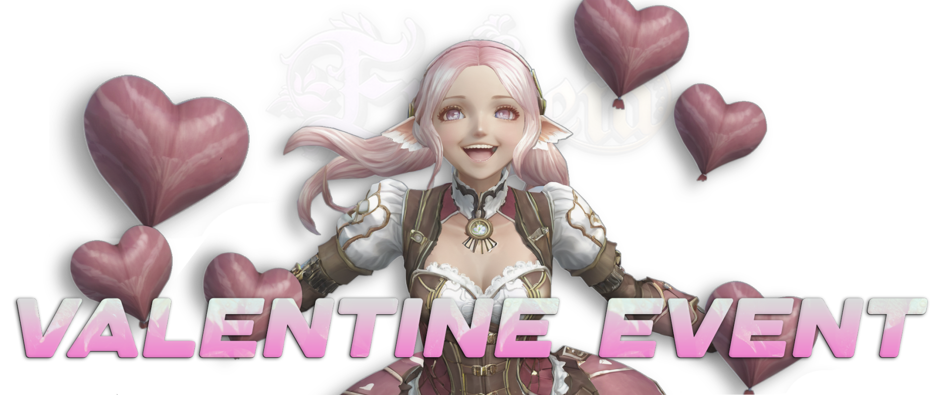 Valentine Event banner: an elf girl with pink hearts and the Ertheia logo