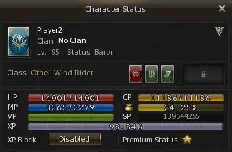 Character Status window of a level 95 Othell Wind Rider with Premium Status