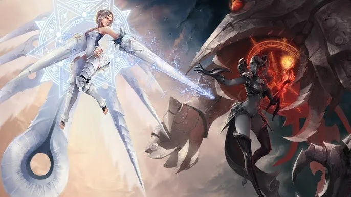 Two winged Lineage 2 characters, one in white and one in dark red armour, facing each other