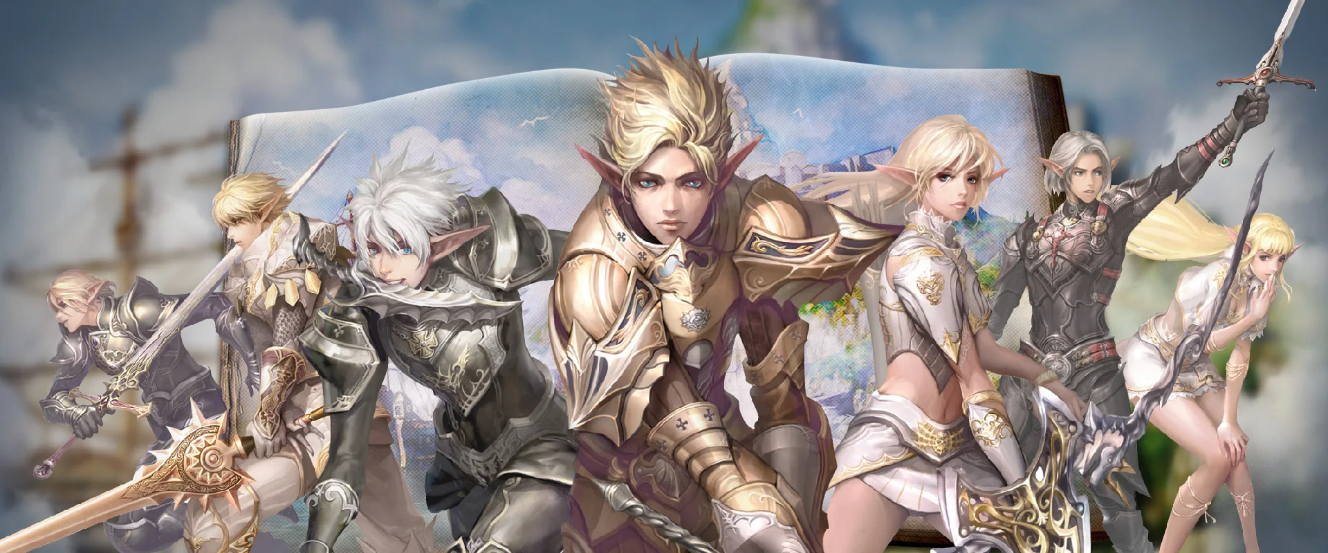 Lineup of Lineage 2 classes with a golden-armoured elf in the centre