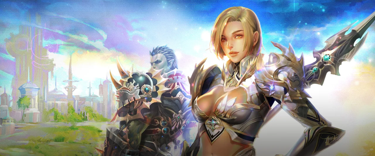 Devblog banner: Lineage 2 warriors in front of a floating city