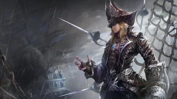 Lineage 2 pirate captain with a rapier on a ship deck in the rain