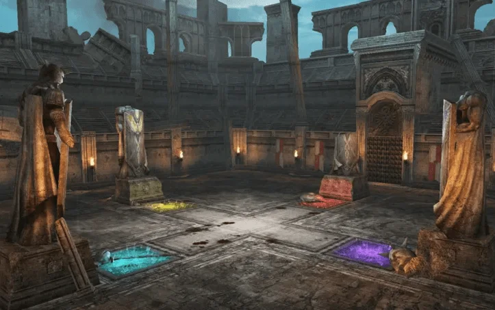 The Olympiad arena with coloured team pedestals and statues