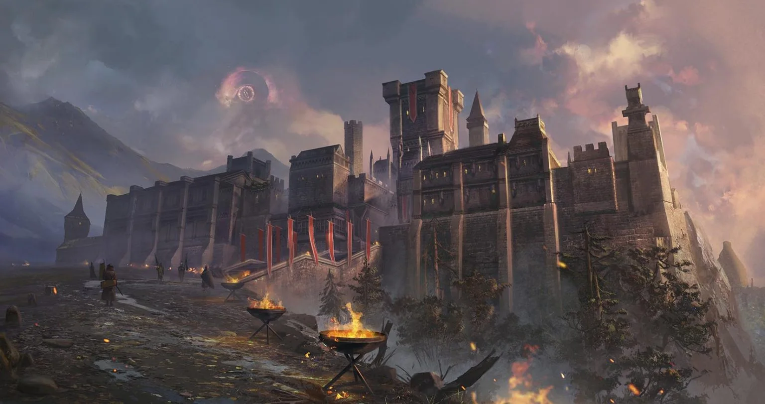 A castle under siege at dusk with fires burning around its walls