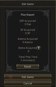 Exit Game play report showing EXP, SP, Adena and items acquired and total play time