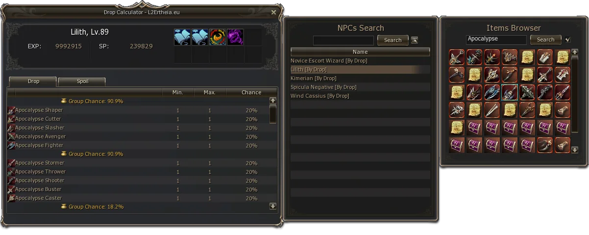 In-game drop calculator with the NPC search and items browser