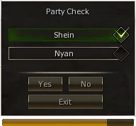 Party Check dialog with one member confirmed and one pending
