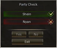 Party Check dialog with one member confirmed and one declined