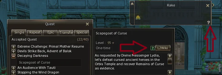 Quest window with the L2Wiki button that opens the quest page in the wiki