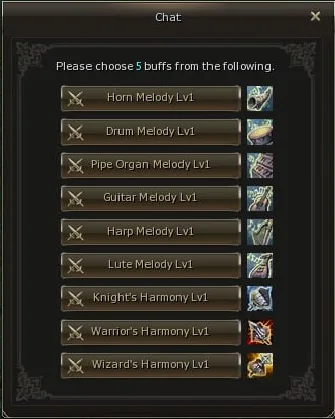 Chat dialog asking to choose 5 Olympiad buffs from the melodies and harmonies
