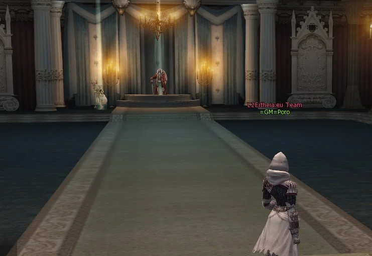A GM character standing in a throne hall in front of the Exalted Council