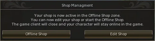 Shop Management dialog: your shop is now active in the Offline Shop zone