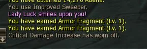 Chat log showing Improved Sweeper in use and Armor Fragments earned