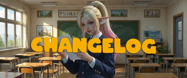 Changelog banner: an elf girl in a school uniform reading notes in a classroom