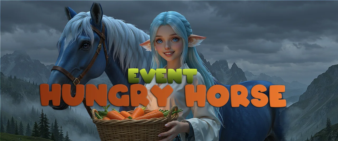 Hungry Horse event banner: an elf girl holding a basket of carrots next to a blue horse