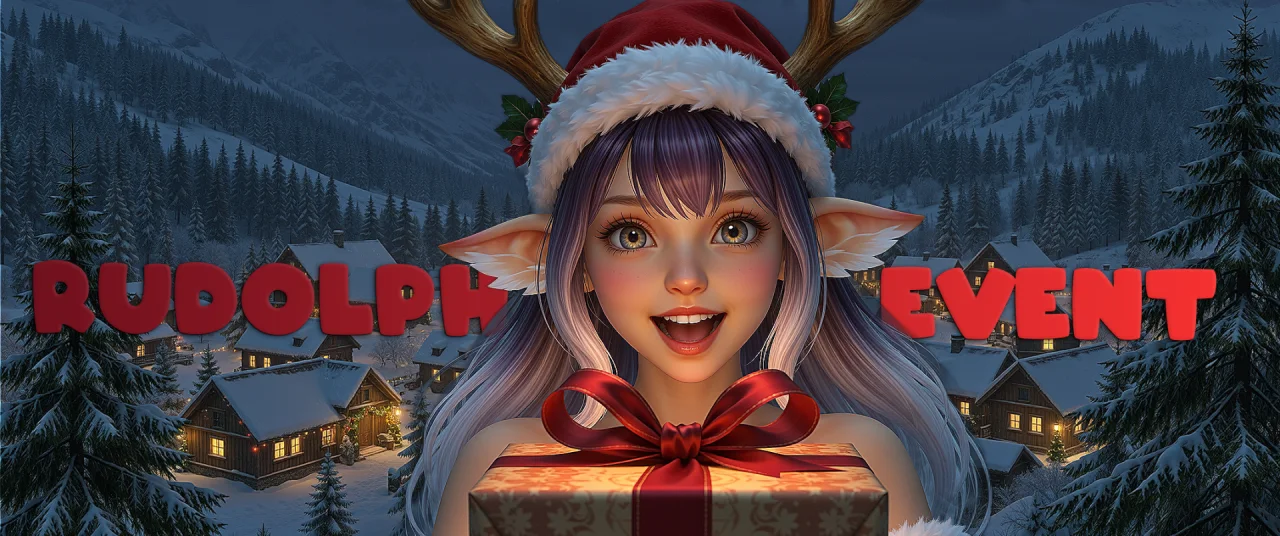 Raising Rudolph event banner: an elf girl with reindeer antlers and a Santa hat holding a gift box in a snowy village