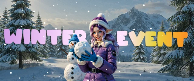 Winter event banner: an elf girl in a purple winter coat building a snowman in the mountains
