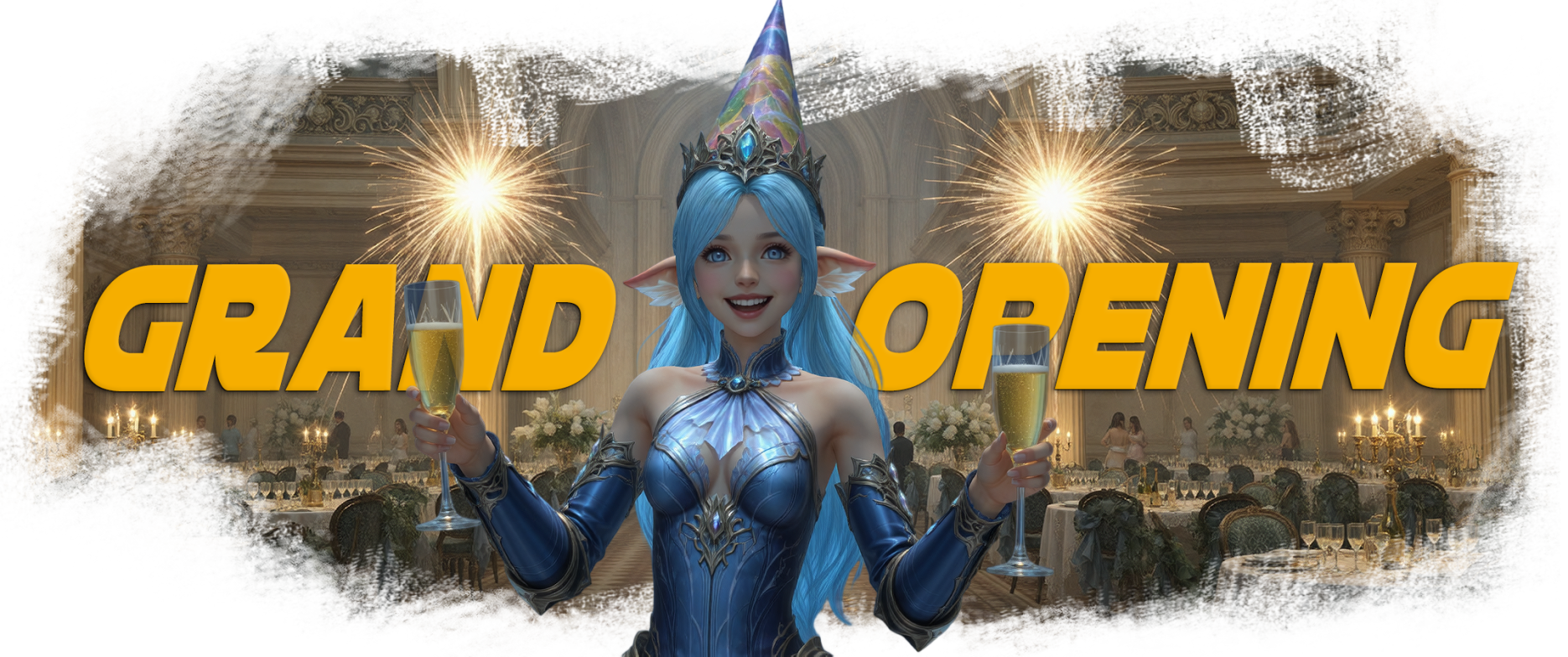 Grand Opening banner: an elf with a party hat and two glasses of champagne in a festive hall