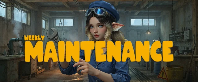 Weekly Maintenance banner: an elf mechanic with goggles and a wrench in a workshop