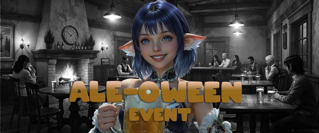 Ale-Oween event banner: an elf girl with blue hair raising a beer mug in a cosy tavern