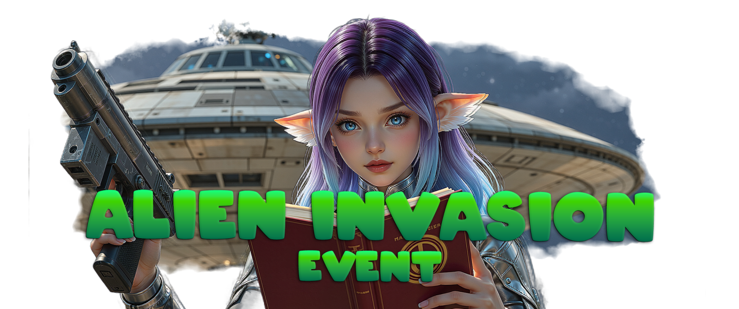 Alien Invasion event banner: an elf girl with a pistol in front of a landed UFO