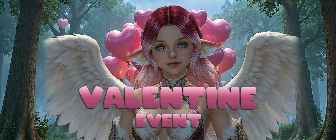 Valentine event banner: an elf girl with angel wings surrounded by pink heart balloons