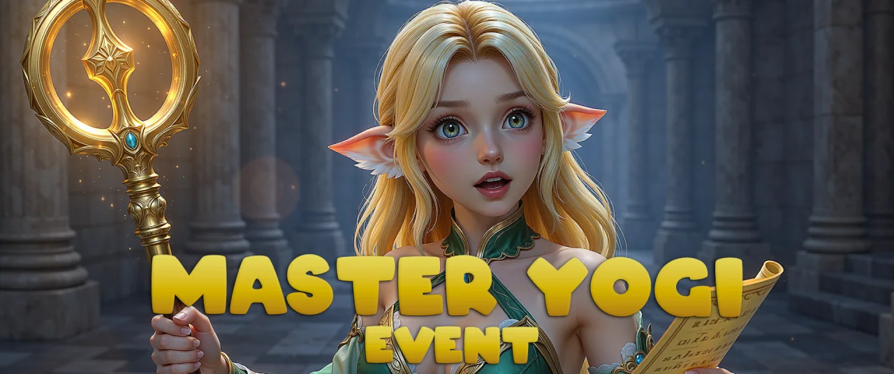 Master Yogi event banner: an elf girl holding a golden staff and a scroll