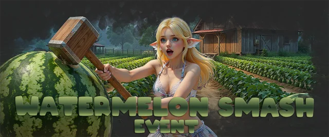 Watermelon Smash event banner: an elf girl with a wooden mallet and a giant watermelon in a field